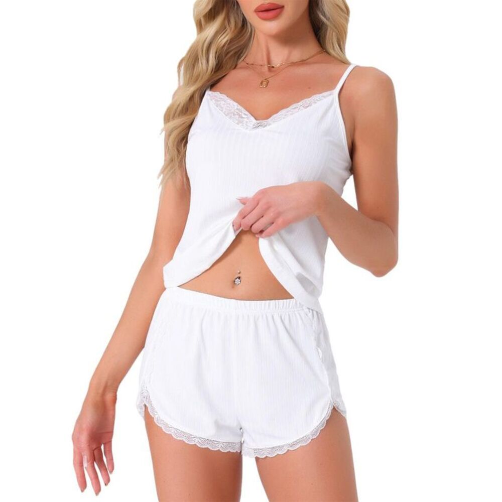 cheibear Women's 2 Pcs Sleeveless Ribbed Knit Lace Trim V-Neck Set